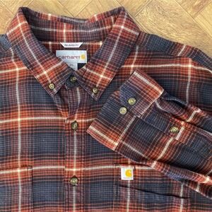 Carhartt Flannel Mens 2XL Relaxed Fit Plaid Button‎ Down Shirt Rust Navy